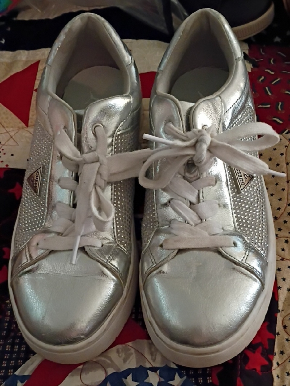 Guess Silver Metallic Low-Top Women's Sneakers with Crystal Detail